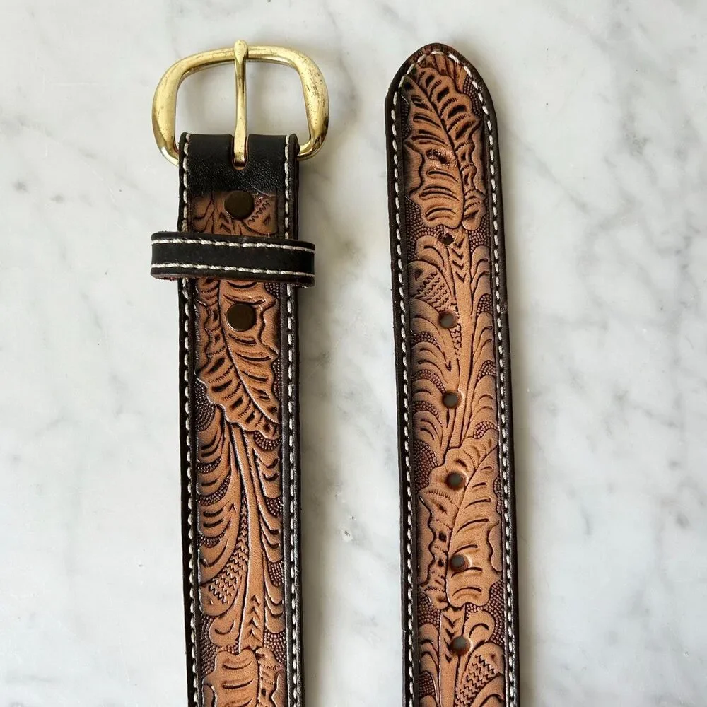 Vintage Western Tooled Leather Belt Cowboy Style with Brass Buckle-Men's Size 26